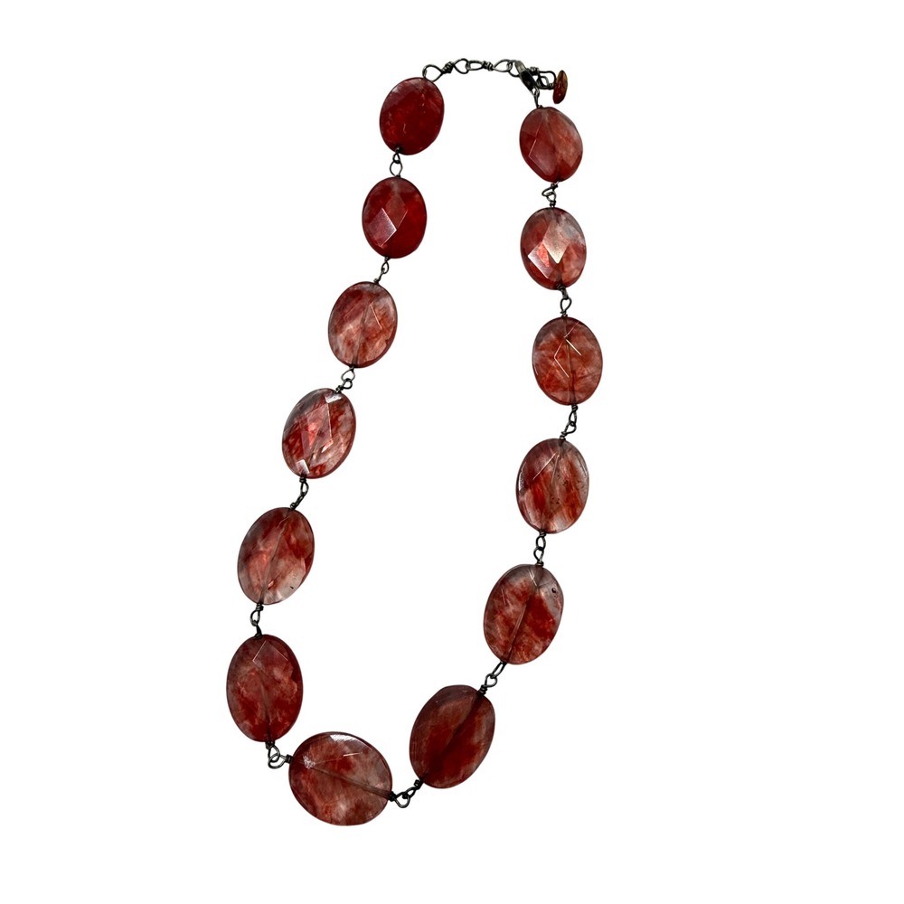 Red Faceted Oval Stone Bead Statement Necklace Silver Tone Lobster Clasp 18in